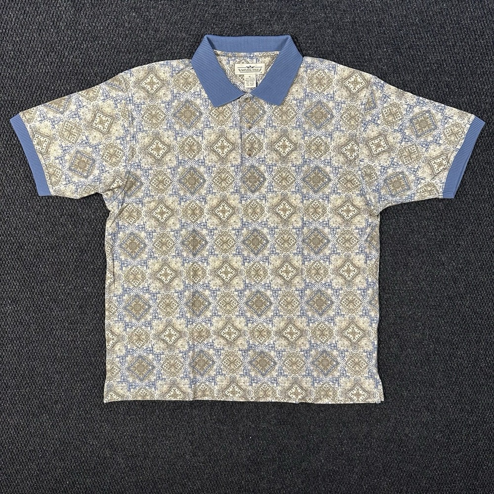 Natural Issue Vintage Polo Shirt Mens XL Brown Blue Geometric Medallion Cotton